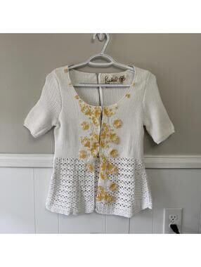 Anthropologie Field Flower Crochet Cardigan Sweater Cottagecore Dainty Boho Sz S